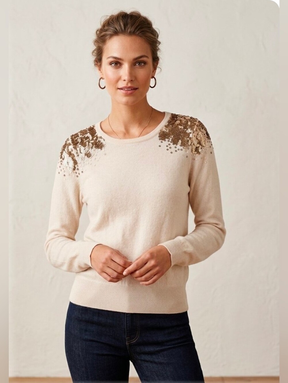 Divided by H&M Cream Knit Sequin Lslvs Shoulder Women's Sweater Sz 4
